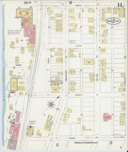 Sanborn Fire Insurance Map from Morgantown, Monongalia County, West Virginia (1906), Sheet #0011 - Historic Sanborn Fire Insurance Map Print, vintage old map wall art, antique decor, genealogy gift, West Virginia West Virginia map