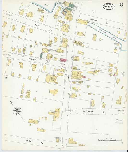 Sanborn Fire Insurance Map from Bay Shore, Suffolk County, New York (1909), Sheet #0008 - Historic Sanborn Fire Insurance Map Print, vintage old map wall art, antique decor, genealogy gift, New York New York map