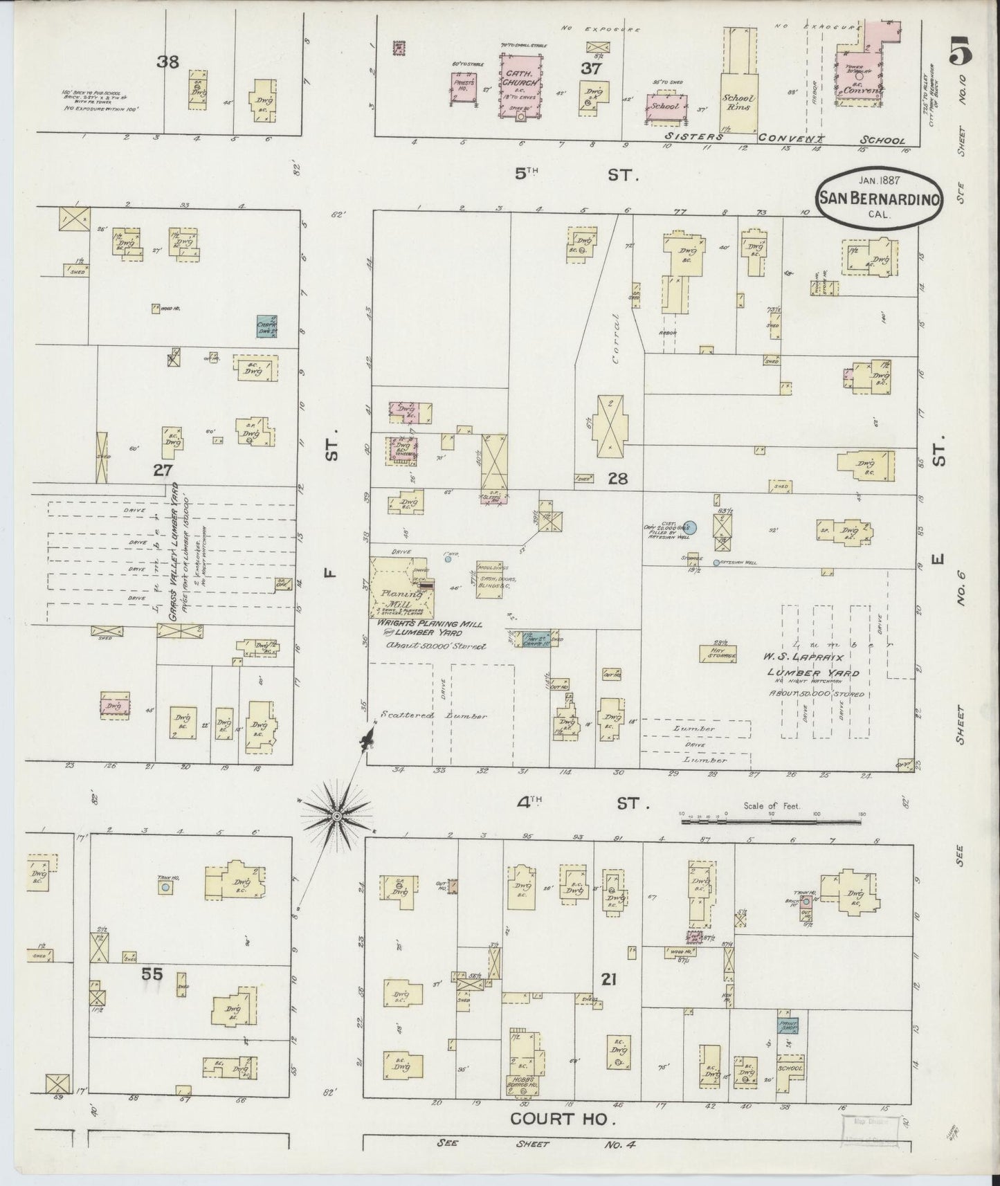 Sanborn Fire Insurance Map from San Bernardino, San Bernardino County, California (1887), Sheet #0005 - Complete Map Set gallery image, historic Sanborn map, vintage wall art, California California