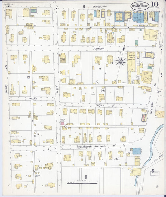Sanborn Fire Insurance Map from Bonne Terre, Saint Francois County, Missouri (1908), Sheet #0010 - Historic Sanborn Fire Insurance Map Print, vintage old map wall art, antique decor, genealogy gift, Missouri Missouri map