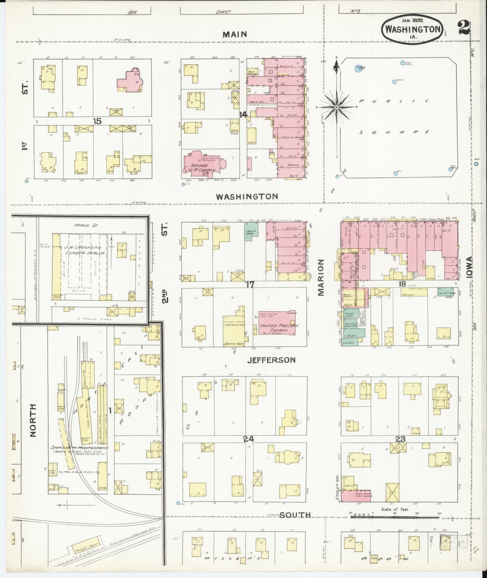 Sanborn Fire Insurance Map from Washington, Washington County, Iowa (1892), Sheet #0002 - Historic Sanborn Fire Insurance Map Print, vintage old map wall art, antique decor, genealogy gift, Sanborn Fire Insurance Map from Washington Washington map