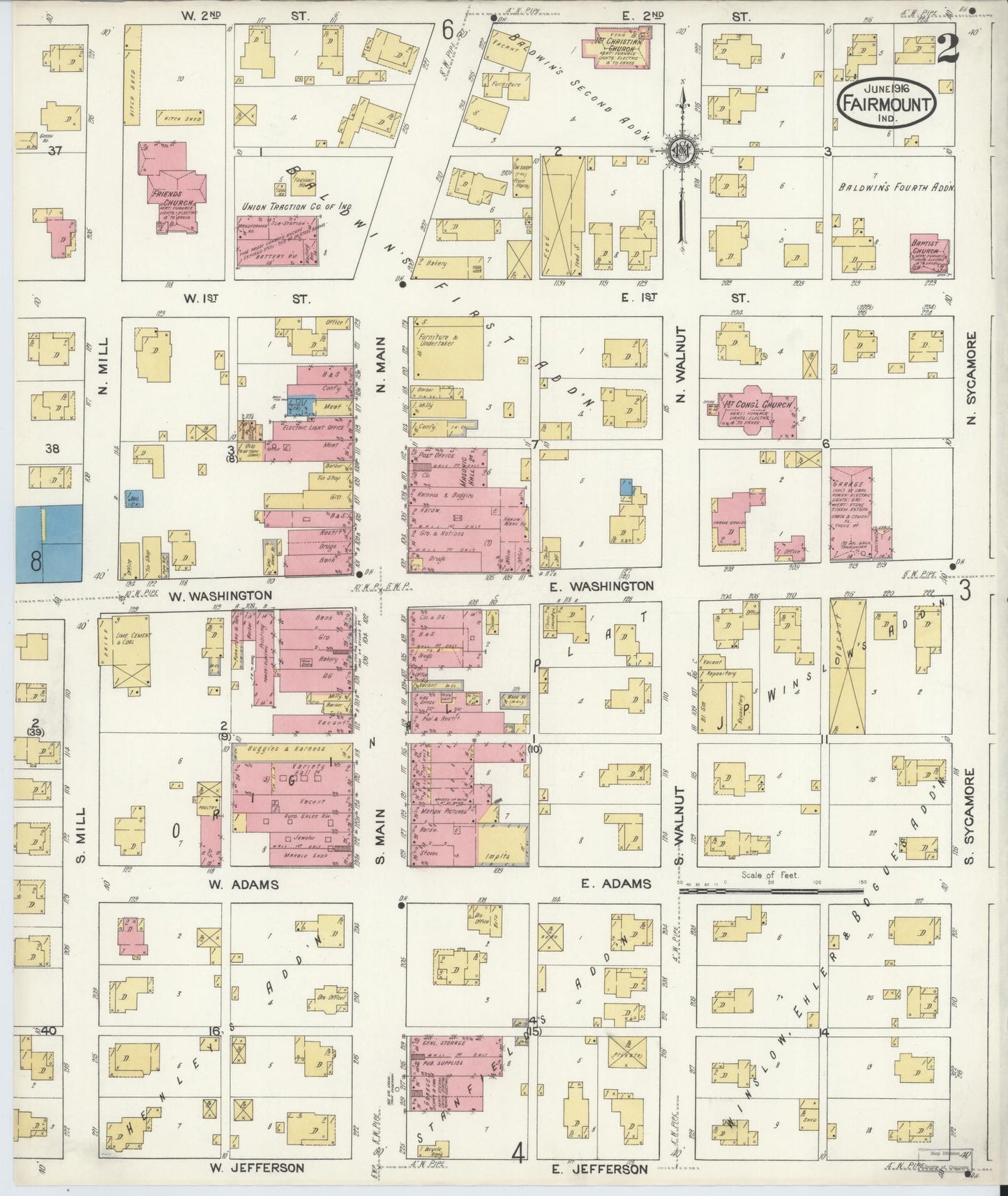 Sanborn Fire Insurance Map from Fairmount, Grant County, Indiana (1916), Sheet #0002 - Complete Map Set gallery image, historic Sanborn map, vintage wall art, Indiana Indiana