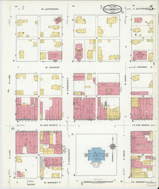 Sanborn Fire Insurance Map from Columbia City, Whitley County, Indiana (1918), Sheet #0005 - Historic Sanborn Fire Insurance Map Print, vintage old map wall art, antique decor, genealogy gift, Indiana Indiana map
