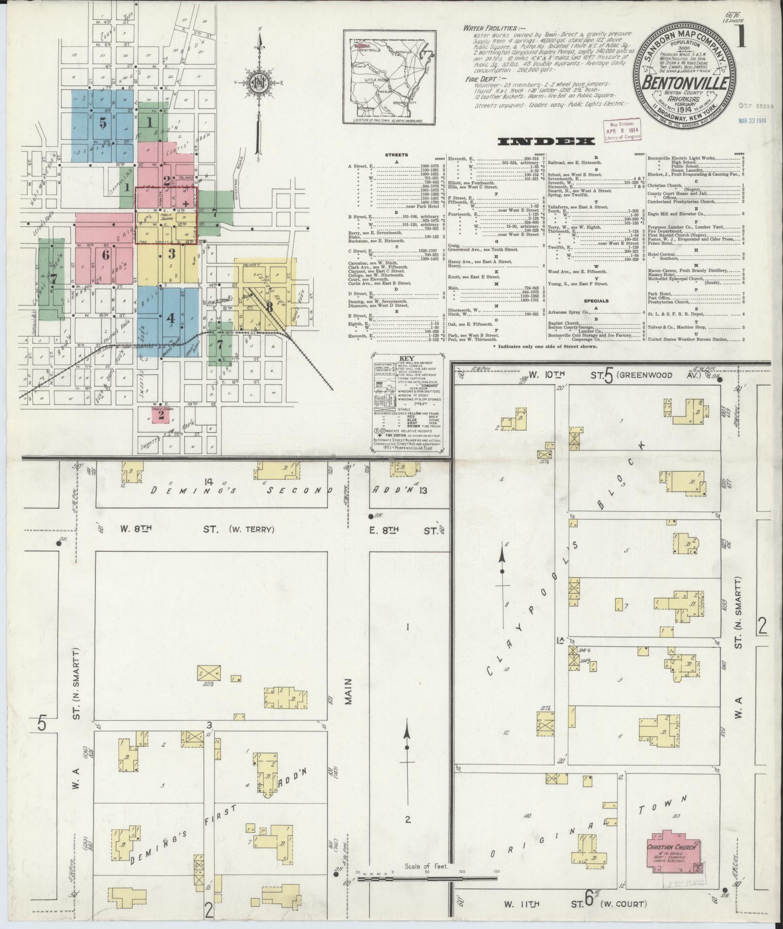 Sanborn Fire Insurance Map from Bentonville, Benton County, Arkansas (1914), Sheet #0001 - Historic Sanborn Fire Insurance Map Print, vintage old map wall art, antique decor, genealogy gift, Arkansas Arkansas map