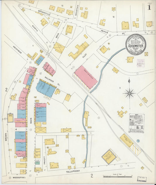 Sanborn Fire Insurance Map from Goodwater, Coosa County, Alabama (1904), Sheet #0001 - Historic Sanborn Fire Insurance Map Print, vintage old map wall art, antique decor, genealogy gift, Alabama Alabama map