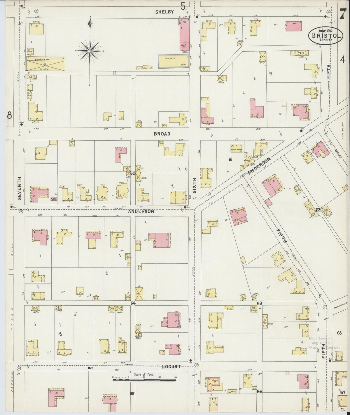 Sanborn Fire Insurance Map from Bristol, Sullivan County, Tennessee (1898), Sheet #0007 - Historic Sanborn Fire Insurance Map Print, vintage old map wall art, antique decor, genealogy gift, Tennessee Tennessee map