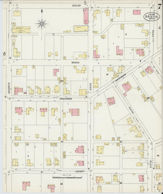 Sanborn Fire Insurance Map from Bristol, Sullivan County, Tennessee (1898), Sheet #0007 - Historic Sanborn Fire Insurance Map Print, vintage old map wall art, antique decor, genealogy gift, Tennessee Tennessee map