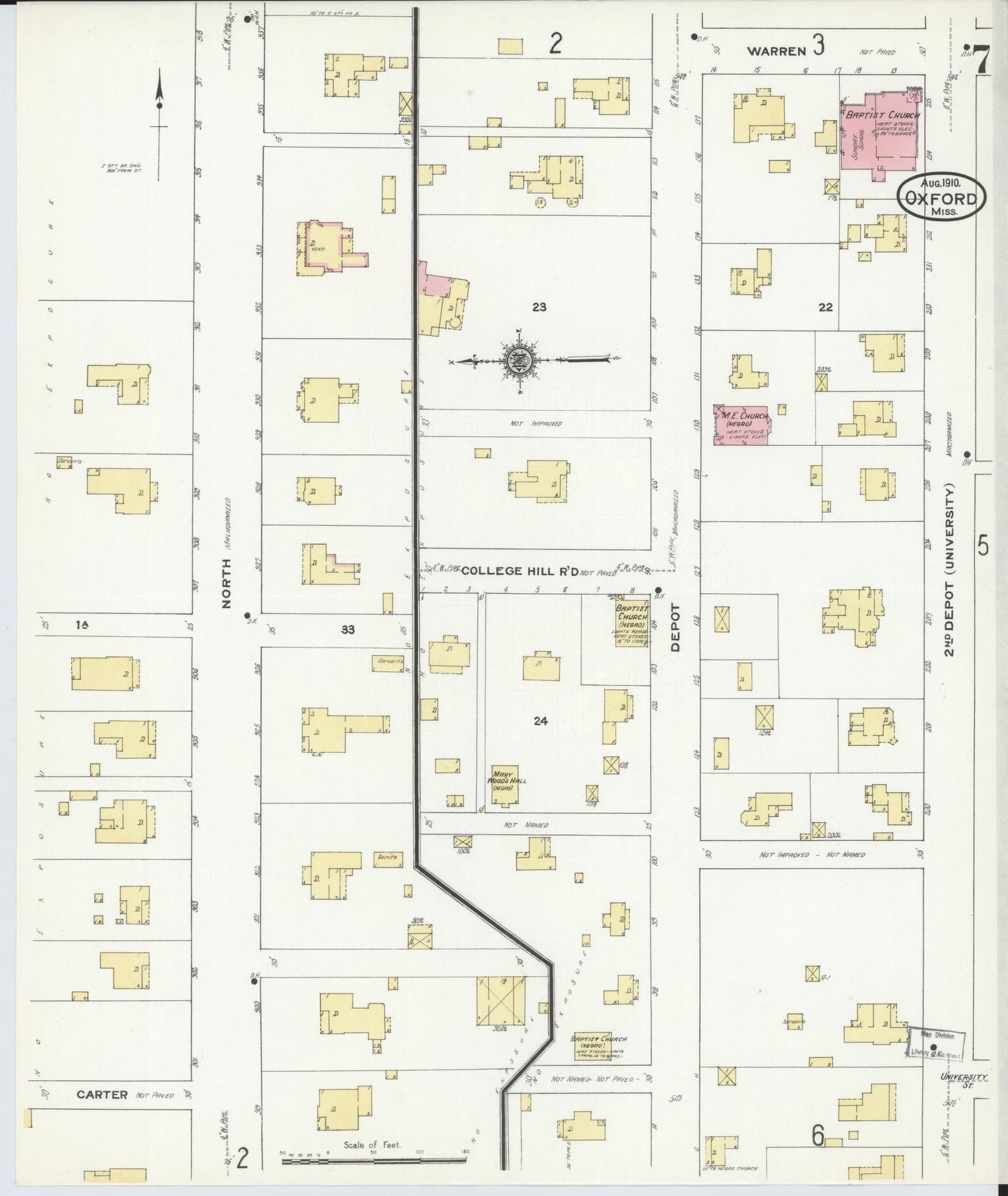 Sanborn Fire Insurance Map from Oxford, Lafayette County, Mississippi (1910), Sheet #0007 - Complete Map Set gallery image, historic Sanborn map, vintage wall art, Mississippi Mississippi
