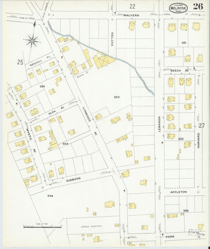 Sanborn Fire Insurance Map from Melrose, Middlesex County, Massachusetts (1909), Sheet #0026 - Historic Sanborn Fire Insurance Map Print, vintage old map wall art, antique decor, genealogy gift, Massachusetts Massachusetts map