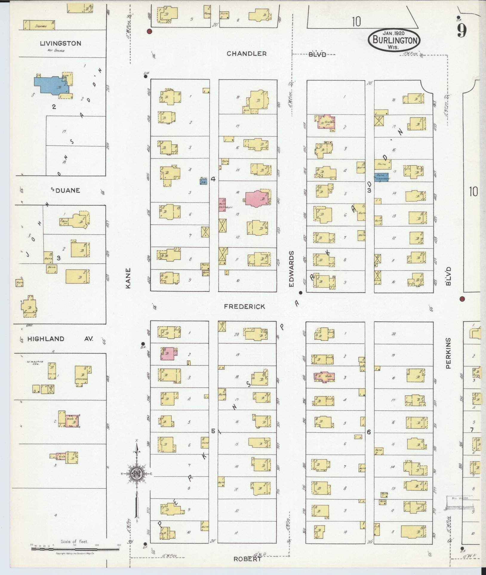 Sanborn Fire Insurance Map from Burlington, Racine County, Wisconsin (1920), Sheet #0009 - Complete Map Set gallery image, historic Sanborn map, vintage wall art, Wisconsin Wisconsin
