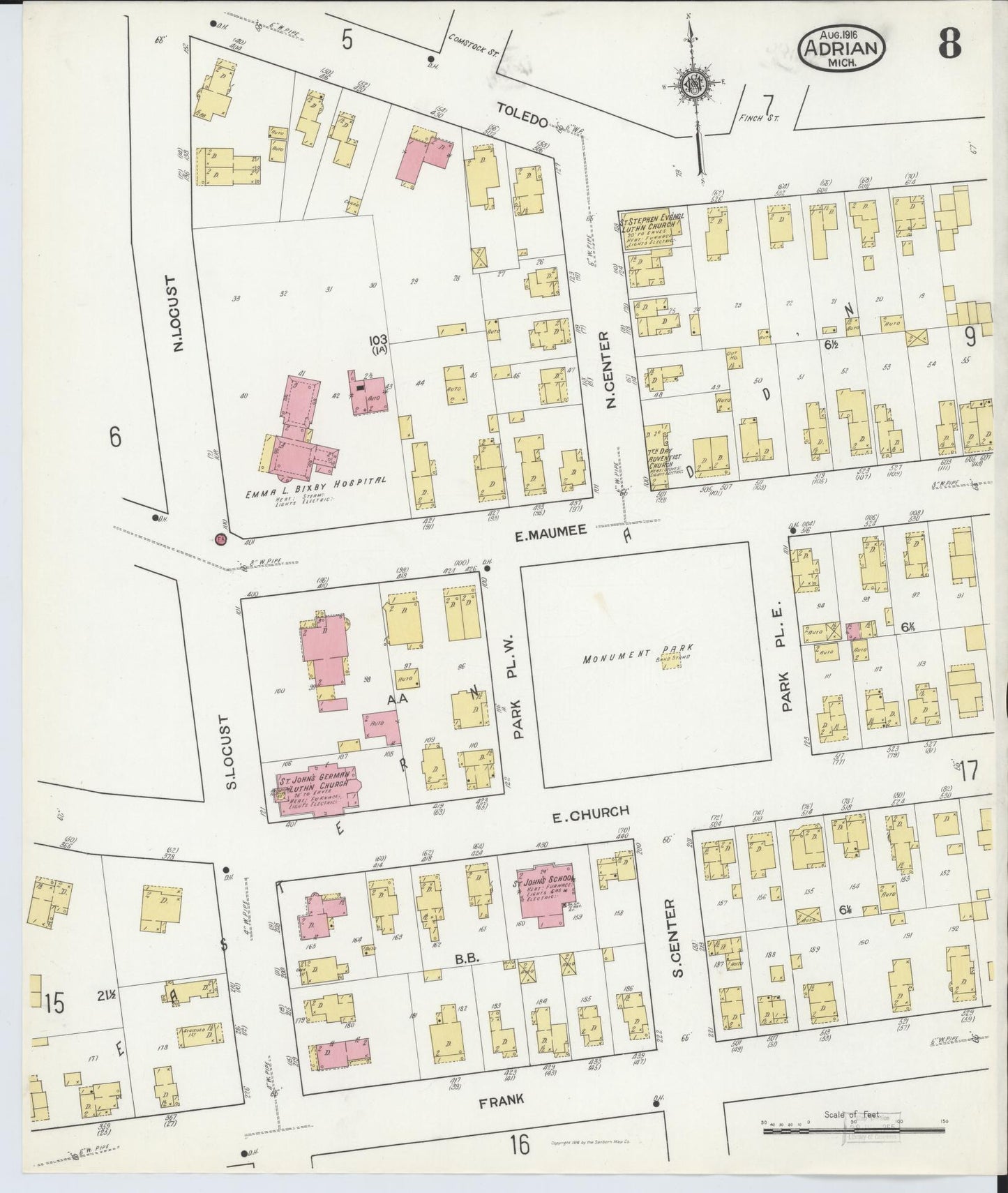 Sanborn Fire Insurance Map from Adrian, Lenawee County, Michigan (1916), Sheet #0008 - Historic Sanborn Fire Insurance Map Print, vintage old map wall art, antique decor, genealogy gift, Michigan Michigan map