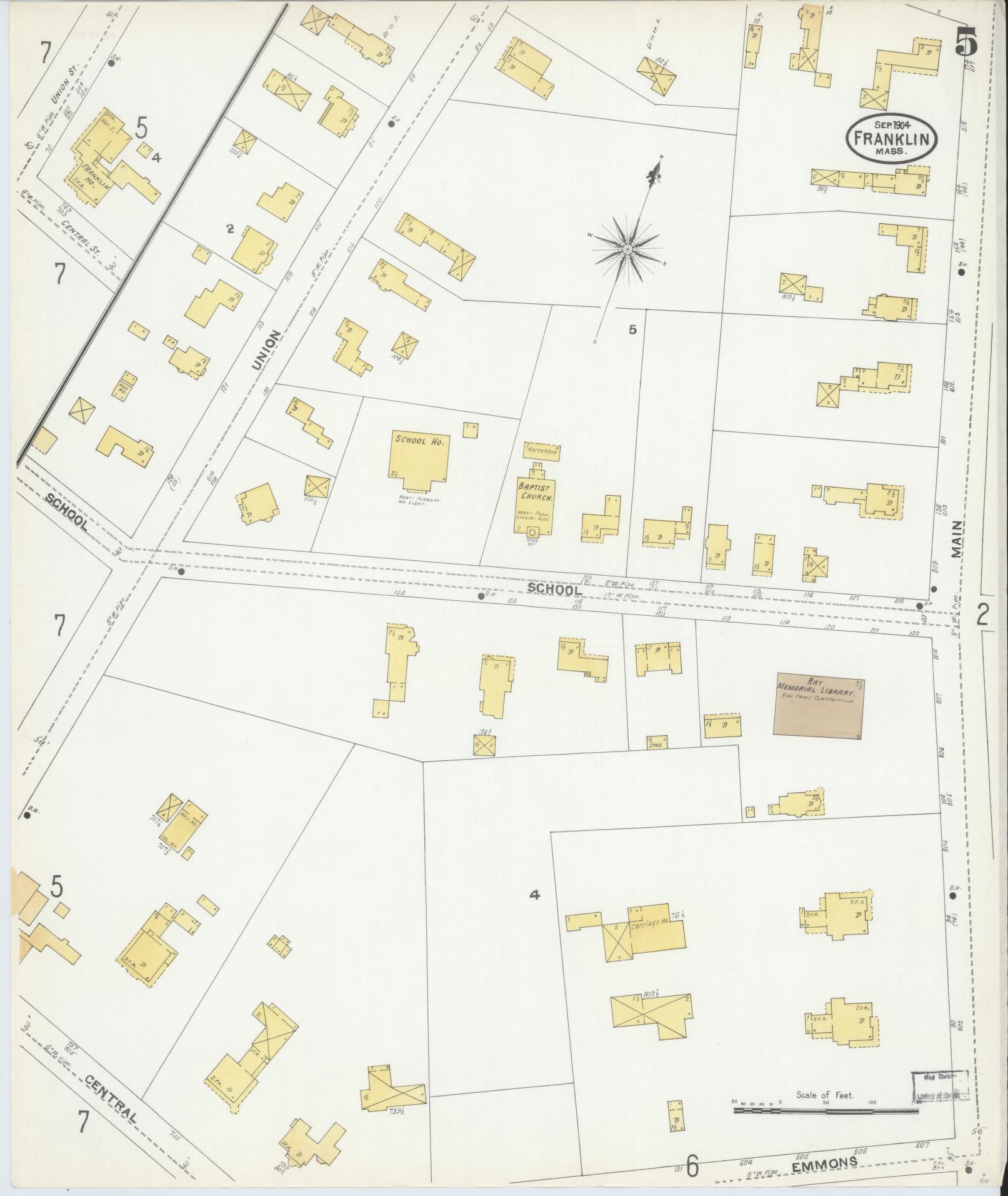 Sanborn Fire Insurance Map from Franklin, Norfolk County, Massachusetts (1904), Sheet #0005 - Complete Map Set gallery image, historic Sanborn map, vintage wall art, Massachusetts Massachusetts