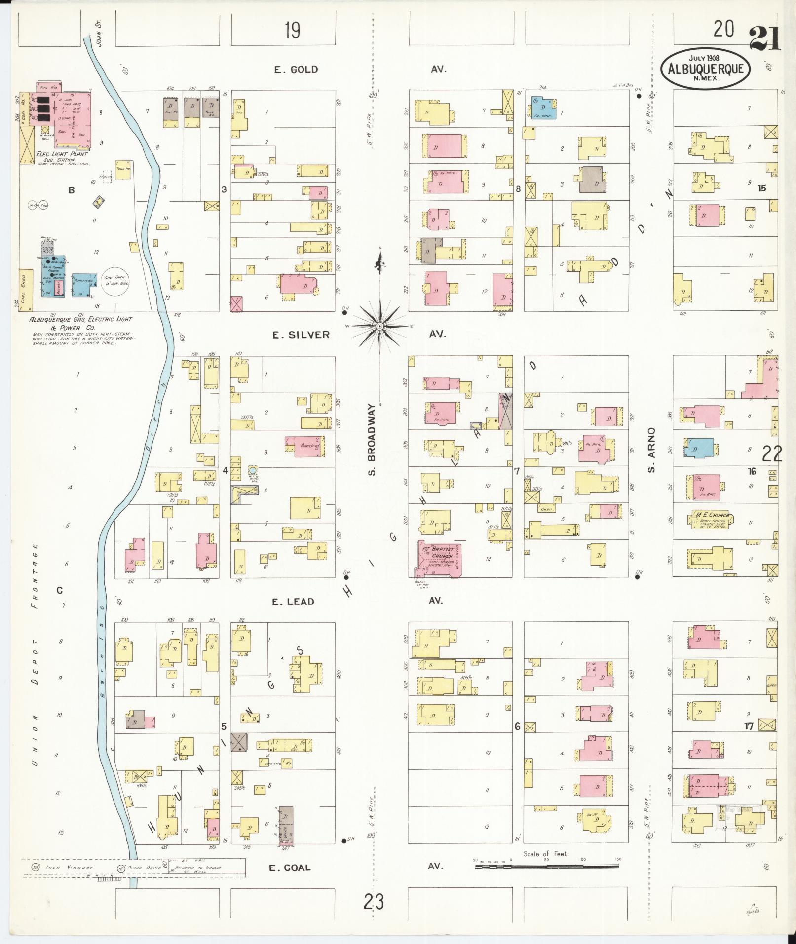 Sanborn Fire Insurance Map from Albuquerque, Bernalillo County, New Mexico (1908), Sheet #0021 - Historic Sanborn Fire Insurance Map Print, vintage old map wall art, antique decor, genealogy gift, New Mexico New Mexico map