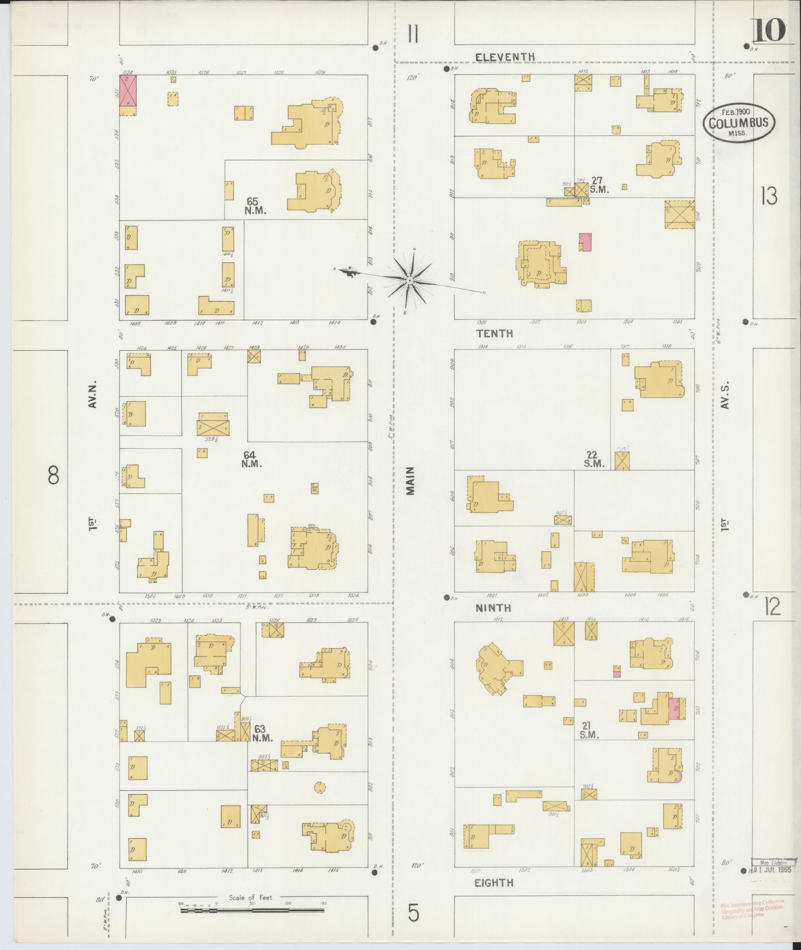 Sanborn Fire Insurance Map from Columbus, Lowndes County, Mississippi (1900), Sheet #0010 - Historic Sanborn Fire Insurance Map Print, vintage old map wall art, antique decor, genealogy gift, Mississippi Mississippi map