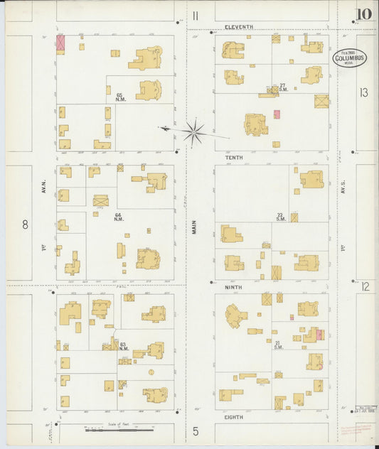 Sanborn Fire Insurance Map from Columbus, Lowndes County, Mississippi (1900), Sheet #0010 - Historic Sanborn Fire Insurance Map Print, vintage old map wall art, antique decor, genealogy gift, Mississippi Mississippi map