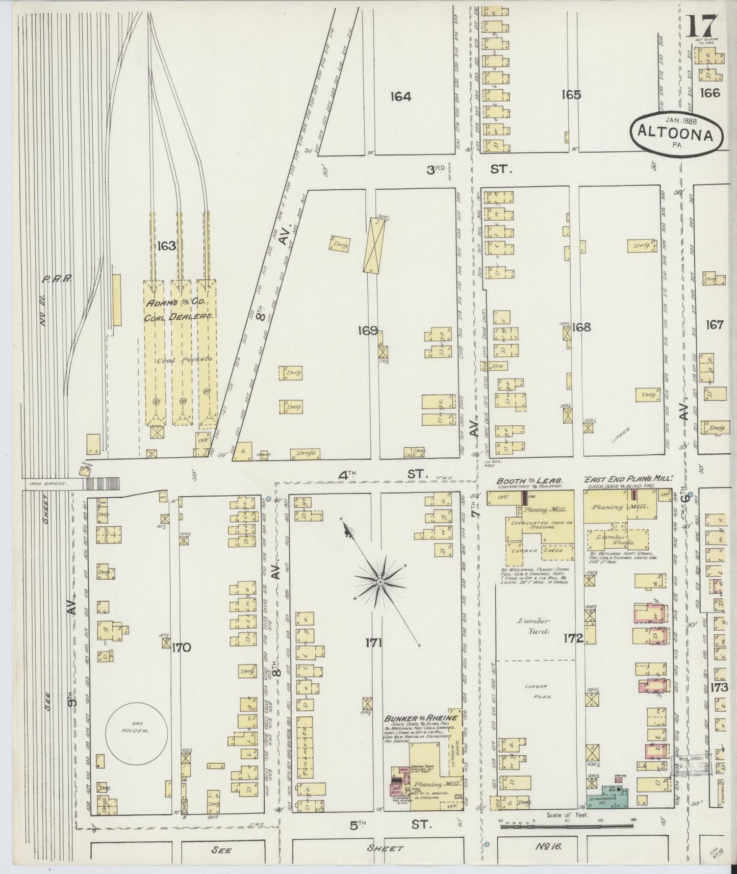 Sanborn Fire Insurance Map from Altoona, Blair County, Pennsylvania (1888), Sheet #0017 - Historic Sanborn Fire Insurance Map Print, vintage old map wall art, antique decor, genealogy gift, Pennsylvania Pennsylvania map