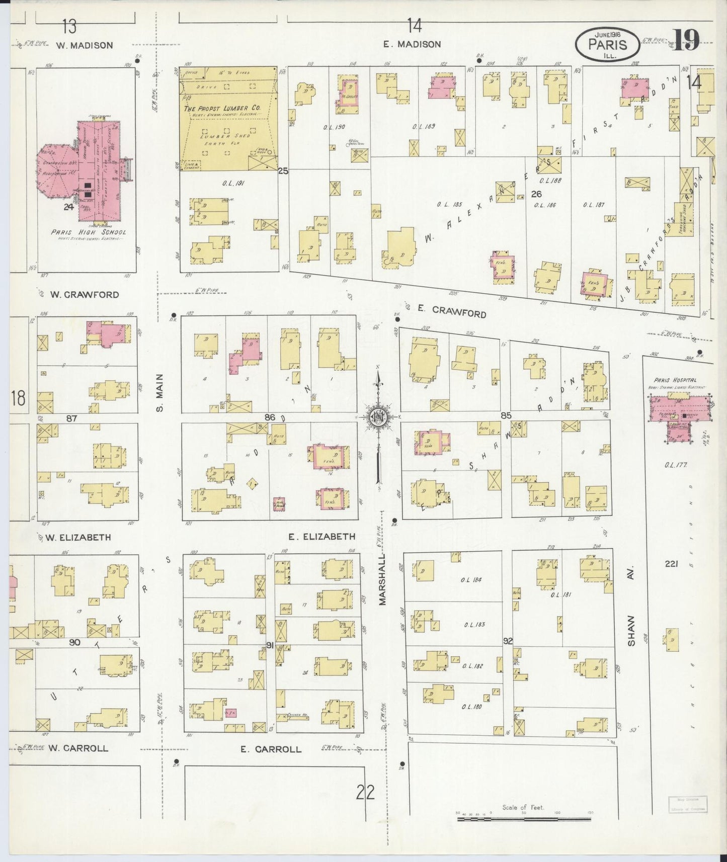 Sanborn Fire Insurance Map from Paris, Edgar County, Illinois (1916), Sheet #0019 - Historic Sanborn Fire Insurance Map Print, vintage old map wall art, antique decor, genealogy gift, Illinois Illinois map