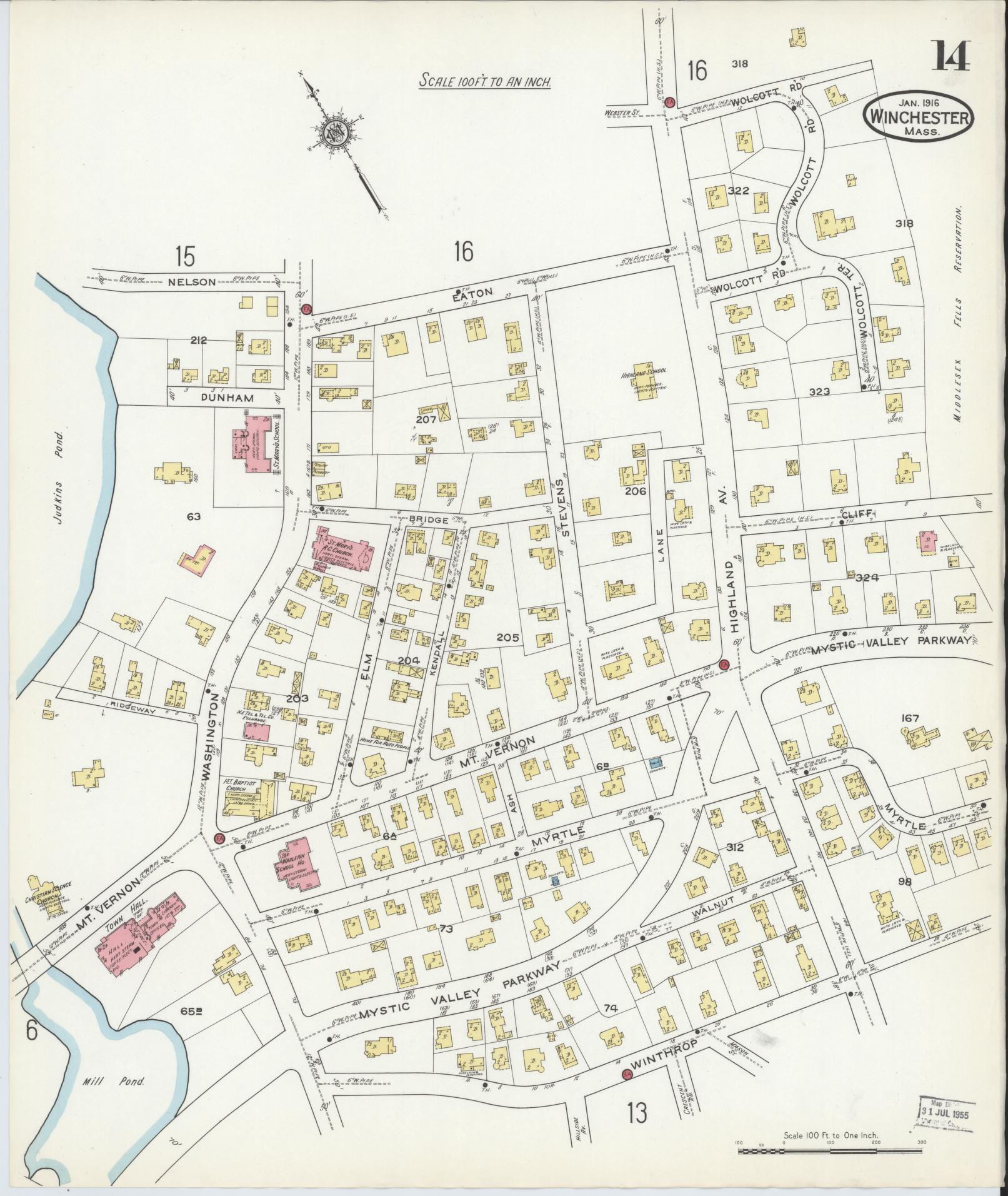 Sanborn Fire Insurance Map from Winchester, Middlesex County, Massachusetts (1916), Sheet #0014 - Historic Sanborn Fire Insurance Map Print, vintage old map wall art, antique decor, genealogy gift, Massachusetts Massachusetts map