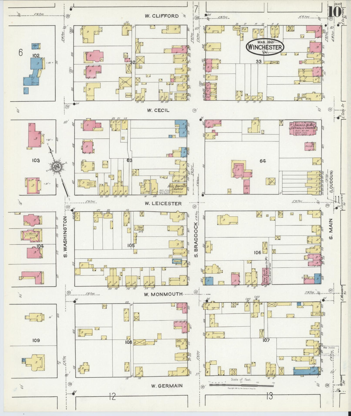 Sanborn Fire Insurance Map from Winchester, Independent Cities, Virginia (1921), Sheet #0010 - Historic Sanborn Fire Insurance Map Print, vintage old map wall art, antique decor, genealogy gift, Virginia Virginia map