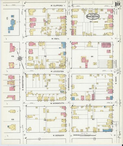 Sanborn Fire Insurance Map from Winchester, Independent Cities, Virginia (1921), Sheet #0010 - Historic Sanborn Fire Insurance Map Print, vintage old map wall art, antique decor, genealogy gift, Virginia Virginia map