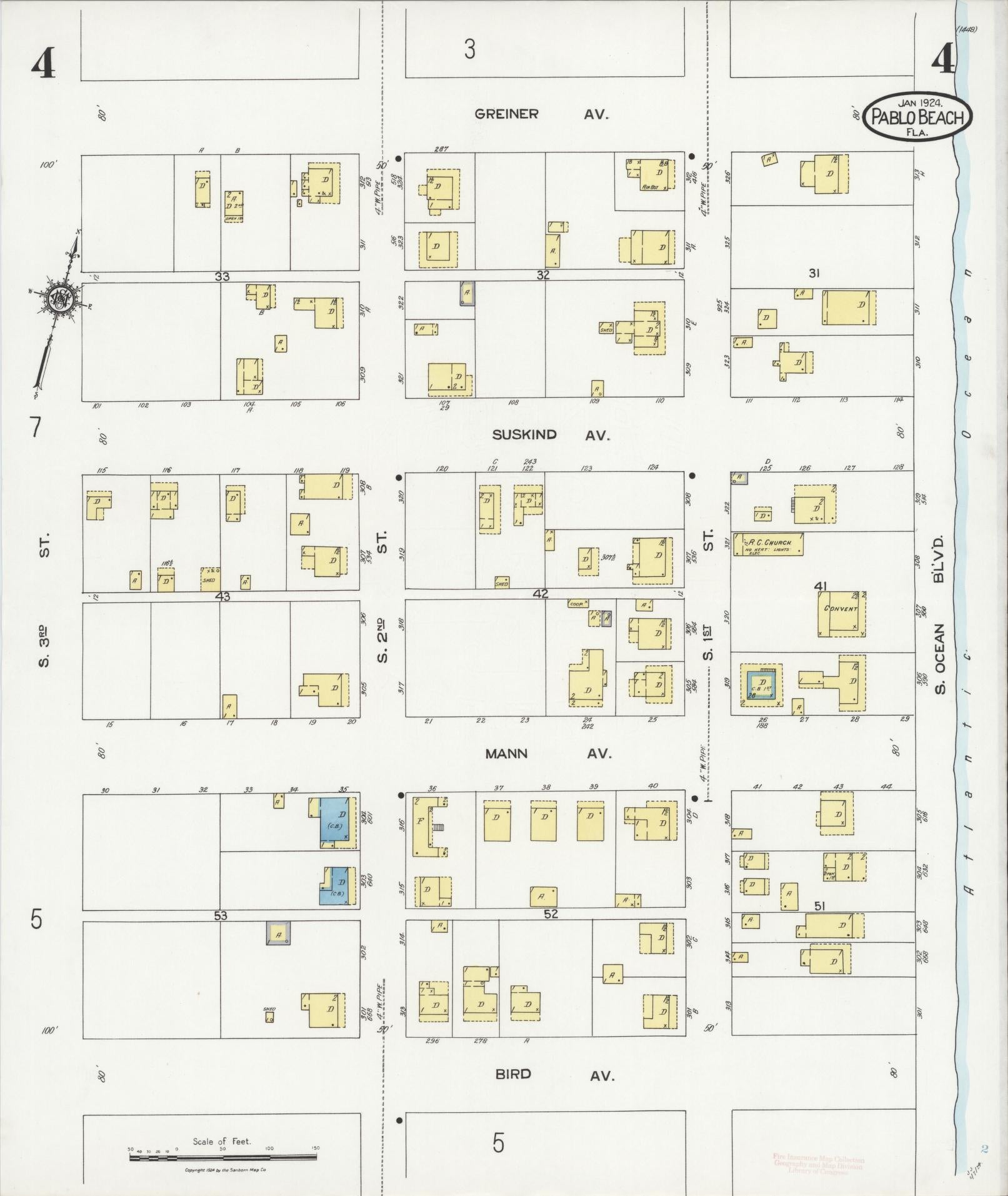 Sanborn Fire Insurance Map from Pablo Beach, Duval County, Florida (1924), Sheet #0004 - Historic Sanborn Fire Insurance Map Print, vintage old map wall art, antique decor, genealogy gift, Florida Florida map