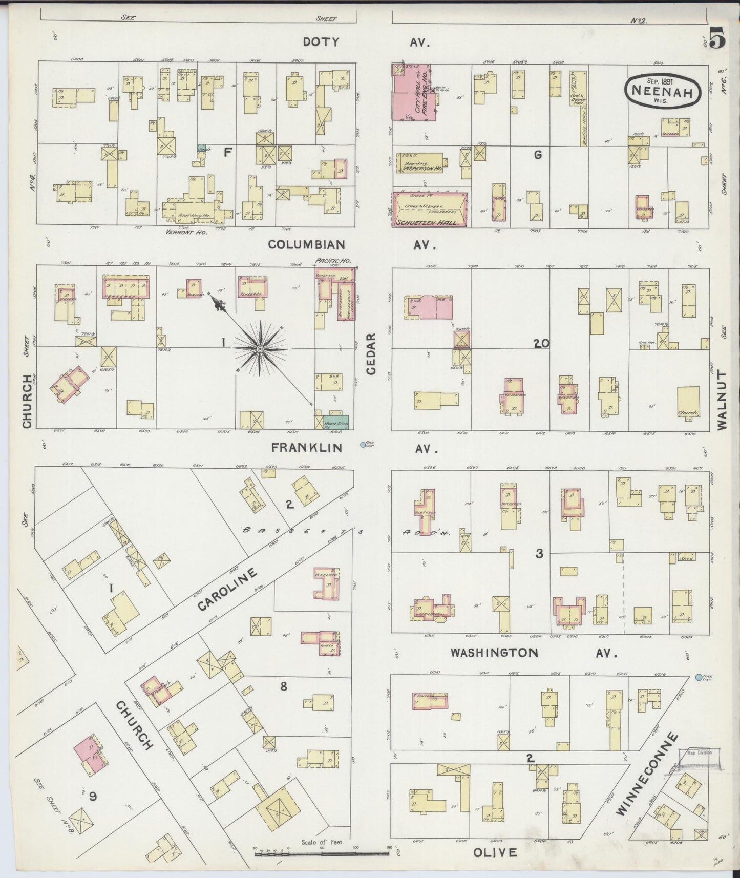 Sanborn Fire Insurance Map from Neenah, Winnebago County, Wisconsin (1891), Sheet #0005 - Complete Map Set gallery image, historic Sanborn map, vintage wall art, Wisconsin Wisconsin