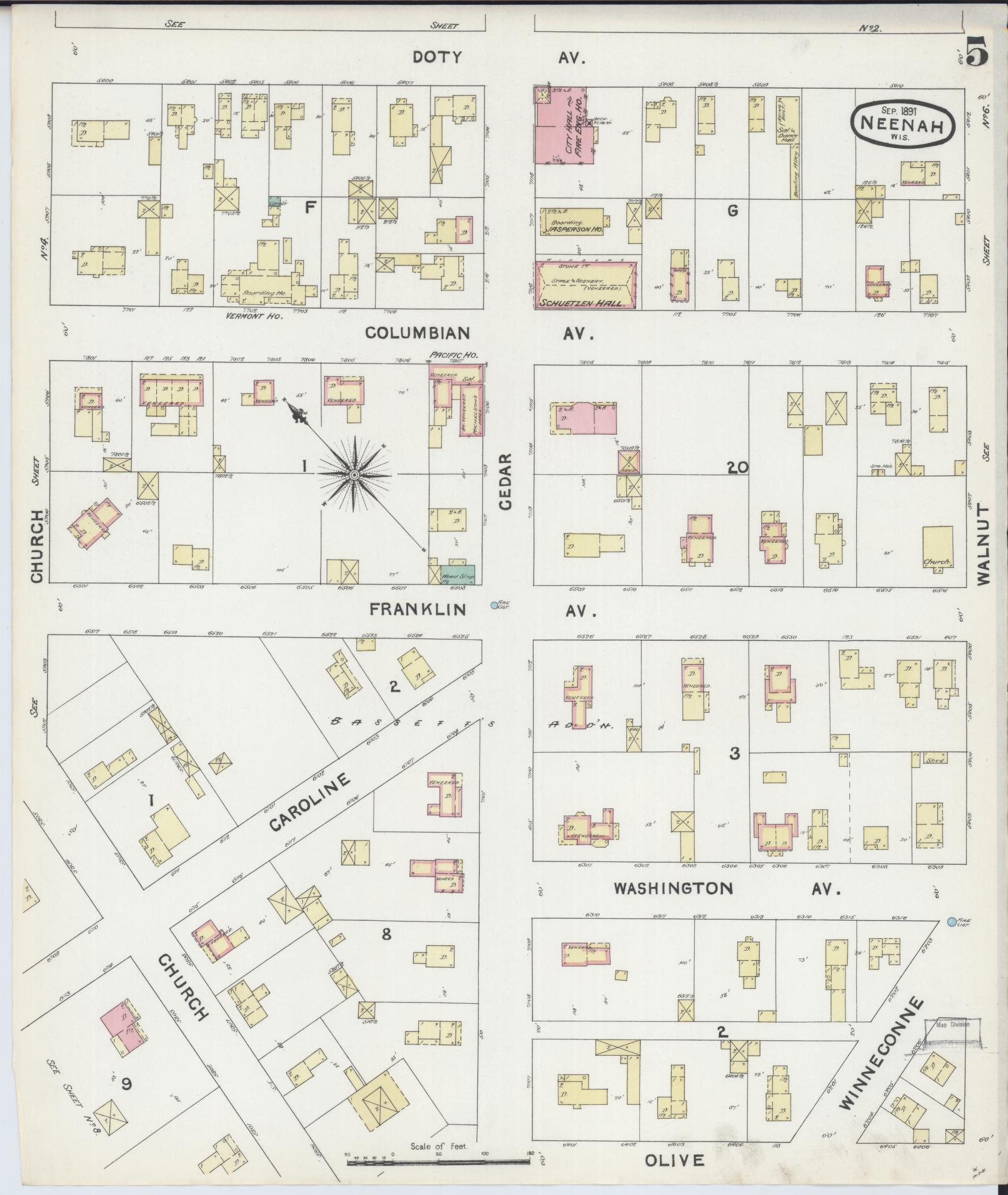 Sanborn Fire Insurance Map from Neenah, Winnebago County, Wisconsin (1891), Sheet #0005 - Complete Map Set gallery image, historic Sanborn map, vintage wall art, Wisconsin Wisconsin