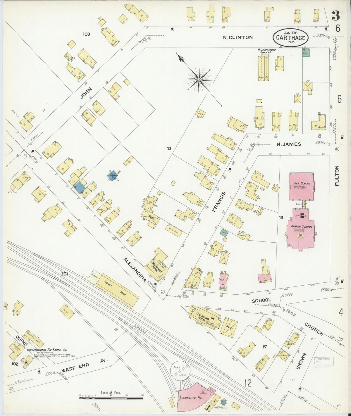 Sanborn Fire Insurance Map from Carthage, Jefferson County, New York (1908), Sheet #0003 - Historic Sanborn Fire Insurance Map Print, vintage old map wall art, antique decor, genealogy gift, New York New York map