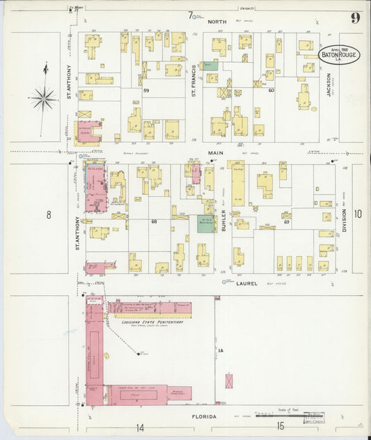 Sanborn Fire Insurance Map from Baton Rouge, East Baton Rouge Parish, Louisiana (1908), Sheet #0009 - Historic Sanborn Fire Insurance Map Print, vintage old map wall art, antique decor, genealogy gift, Louisiana Louisiana map
