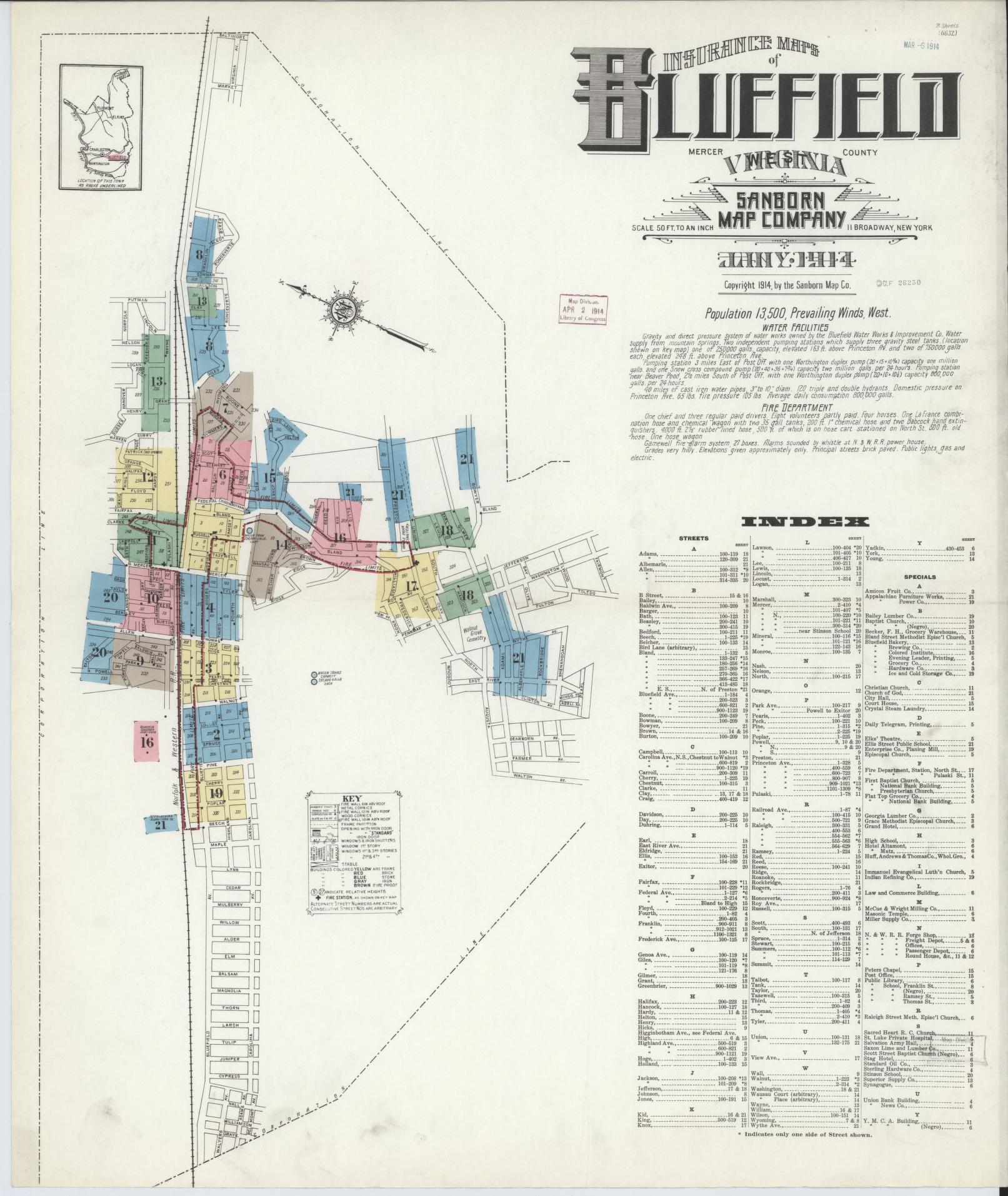 Sanborn Fire Insurance Map from Bluefield, Mercer County, West Virginia (1914), Sheet #0001 - Historic Sanborn Fire Insurance Map Print, vintage old map wall art, antique decor, genealogy gift, West Virginia West Virginia map