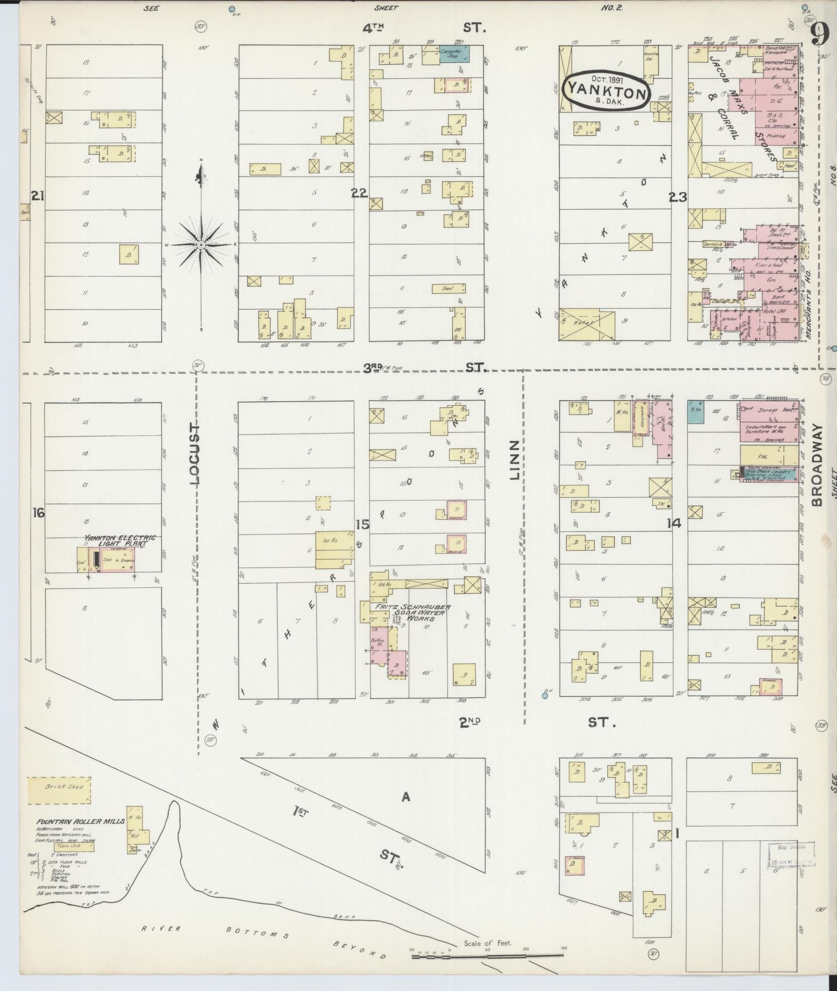 Sanborn Fire Insurance Map from Yankton, Yankton County, South Dakota (1891), Sheet #0009 - Historic Sanborn Fire Insurance Map Print, vintage old map wall art, antique decor, genealogy gift, South Dakota South Dakota map