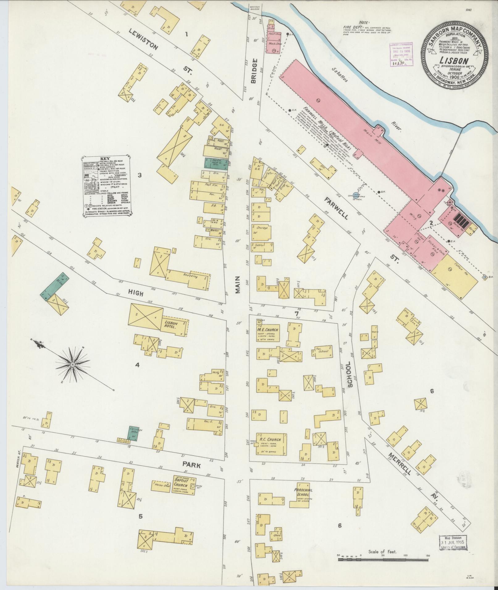 Sanborn Fire Insurance Map from Lisbon, Androscoggin County, Maine (1906), Sheet #0001 - Historic Sanborn Fire Insurance Map Print, vintage old map wall art, antique decor, genealogy gift, Maine Maine map