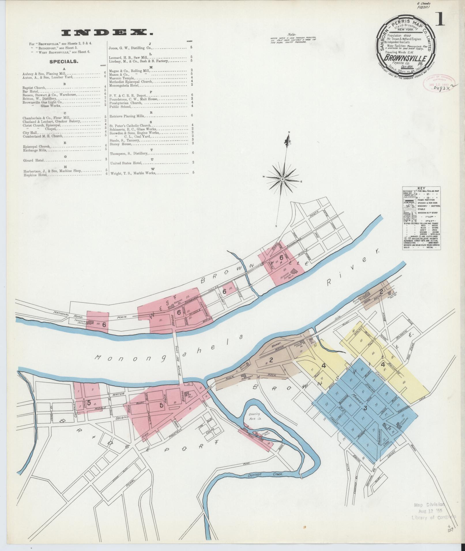 Sanborn Fire Insurance Map from Brownsville, Fayette County, Pennsylvania (1891), Sheet #0001 - Historic Sanborn Fire Insurance Map Print, vintage old map wall art, antique decor, genealogy gift, Pennsylvania Pennsylvania map
