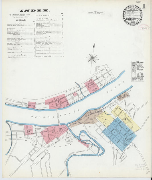 Sanborn Fire Insurance Map from Brownsville, Fayette County, Pennsylvania (1891), Sheet #0001 - Historic Sanborn Fire Insurance Map Print, vintage old map wall art, antique decor, genealogy gift, Pennsylvania Pennsylvania map