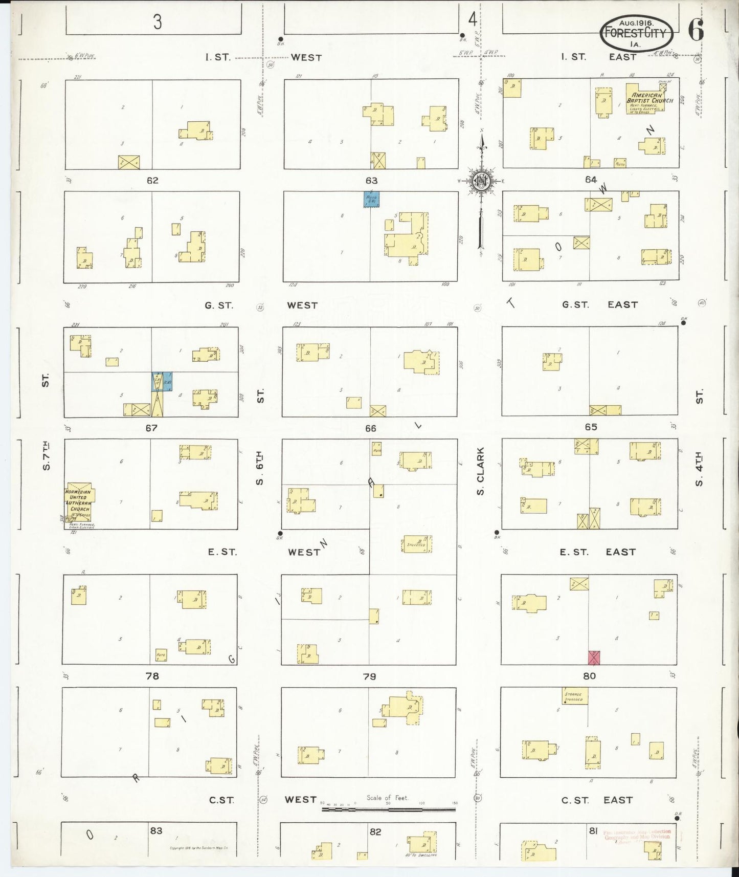 Sanborn Fire Insurance Map from Forest City, Winnebago County, Iowa (1916), Sheet #0006 - Historic Sanborn Fire Insurance Map Print, vintage old map wall art