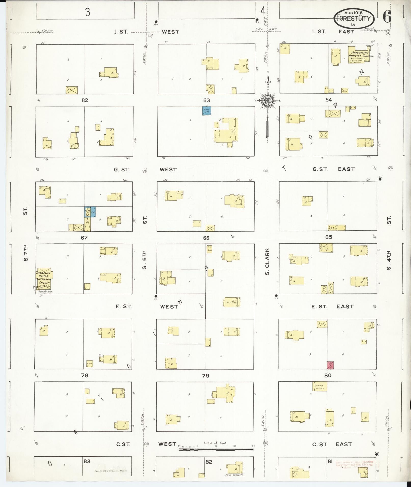 Sanborn Fire Insurance Map from Forest City, Winnebago County, Iowa (1916), Sheet #0006 - Historic Sanborn Fire Insurance Map Print, vintage old map wall art