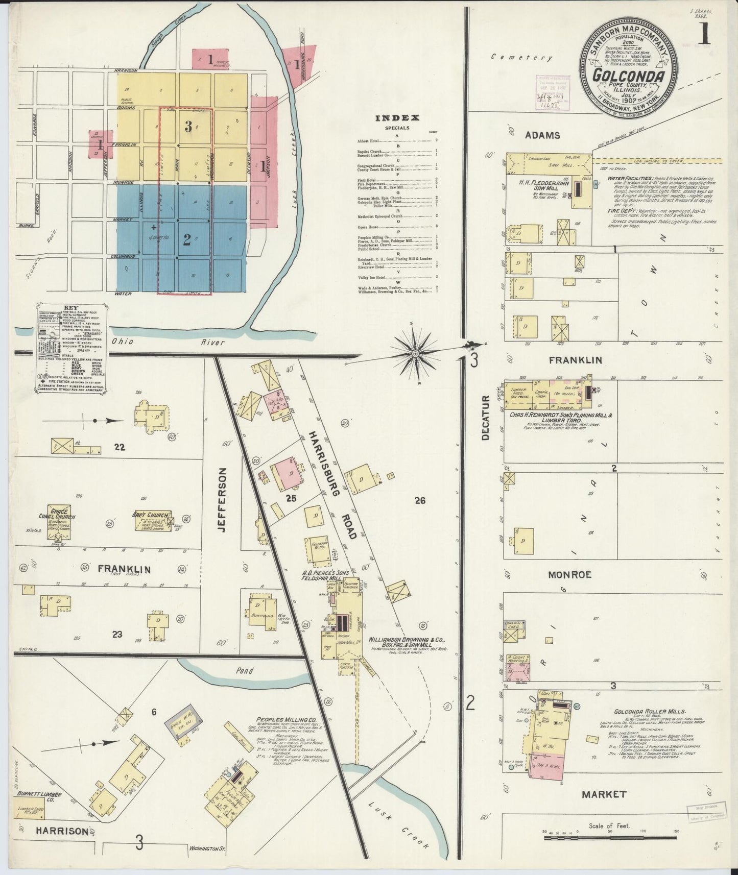 Sanborn Fire Insurance Map from Golconda, Pope County, Illinois (1907), Sheet #0001 - Historic Sanborn Fire Insurance Map Print, vintage old map wall art, antique decor, genealogy gift, Illinois Illinois map