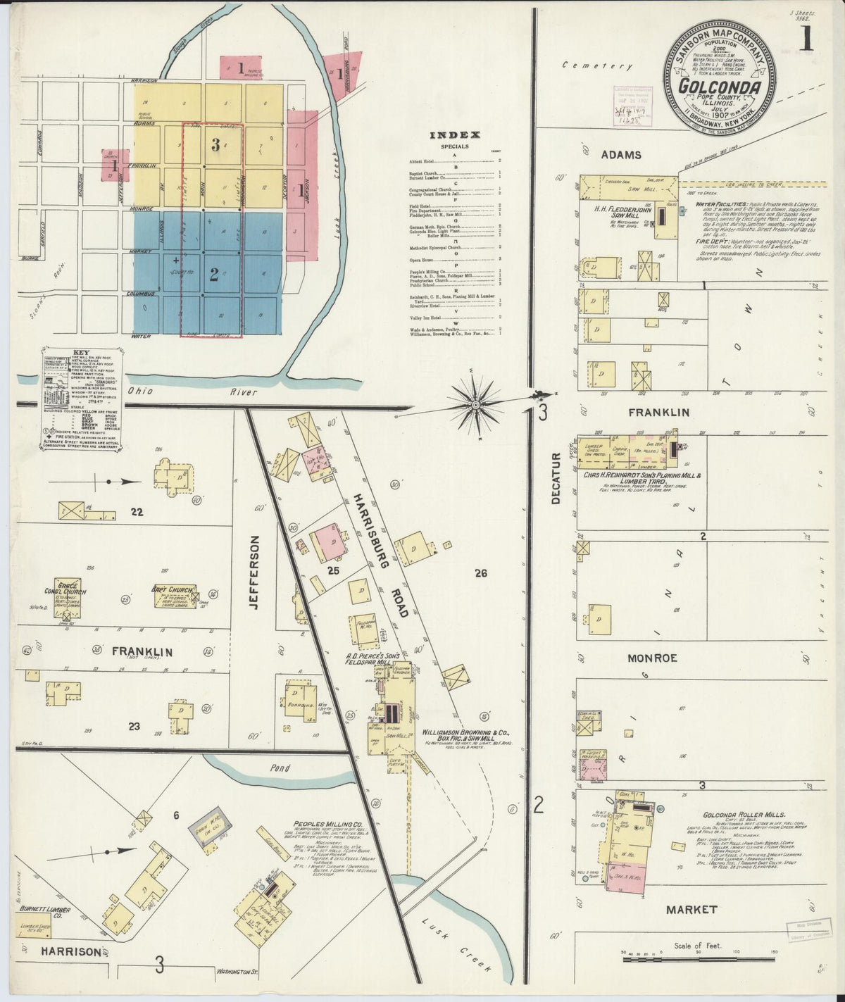 Sanborn Fire Insurance Map from Golconda, Pope County, Illinois (1907), Sheet #0001 - Historic Sanborn Fire Insurance Map Print, vintage old map wall art, antique decor, genealogy gift, Illinois Illinois map