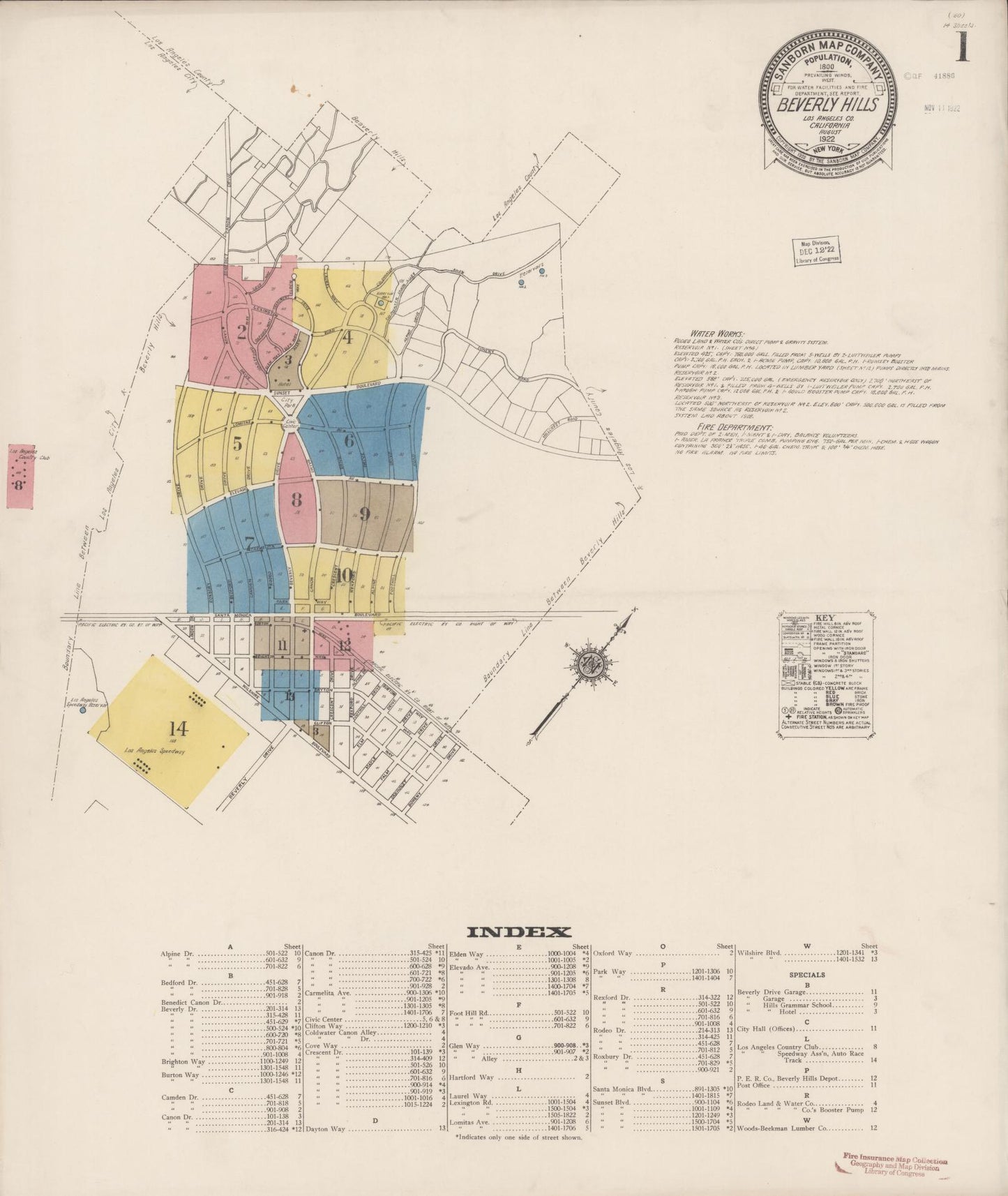 Sanborn Fire Insurance Map from Beverly Hills, Los Angeles County, California (1922), Sheet #0001 - Historic Sanborn Fire Insurance Map Print, vintage old map wall art, antique decor, genealogy gift, California California map