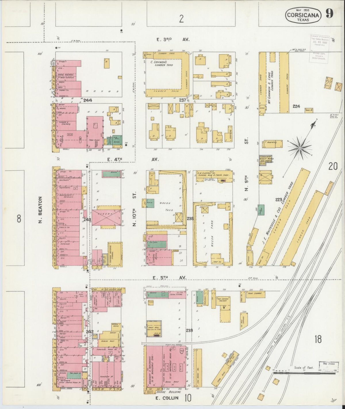 Sanborn Fire Insurance Map from Corsicana, Navarro County, Texas (1900), Sheet #0009 - Complete Map Set gallery image, historic Sanborn map, vintage wall art, Texas Texas