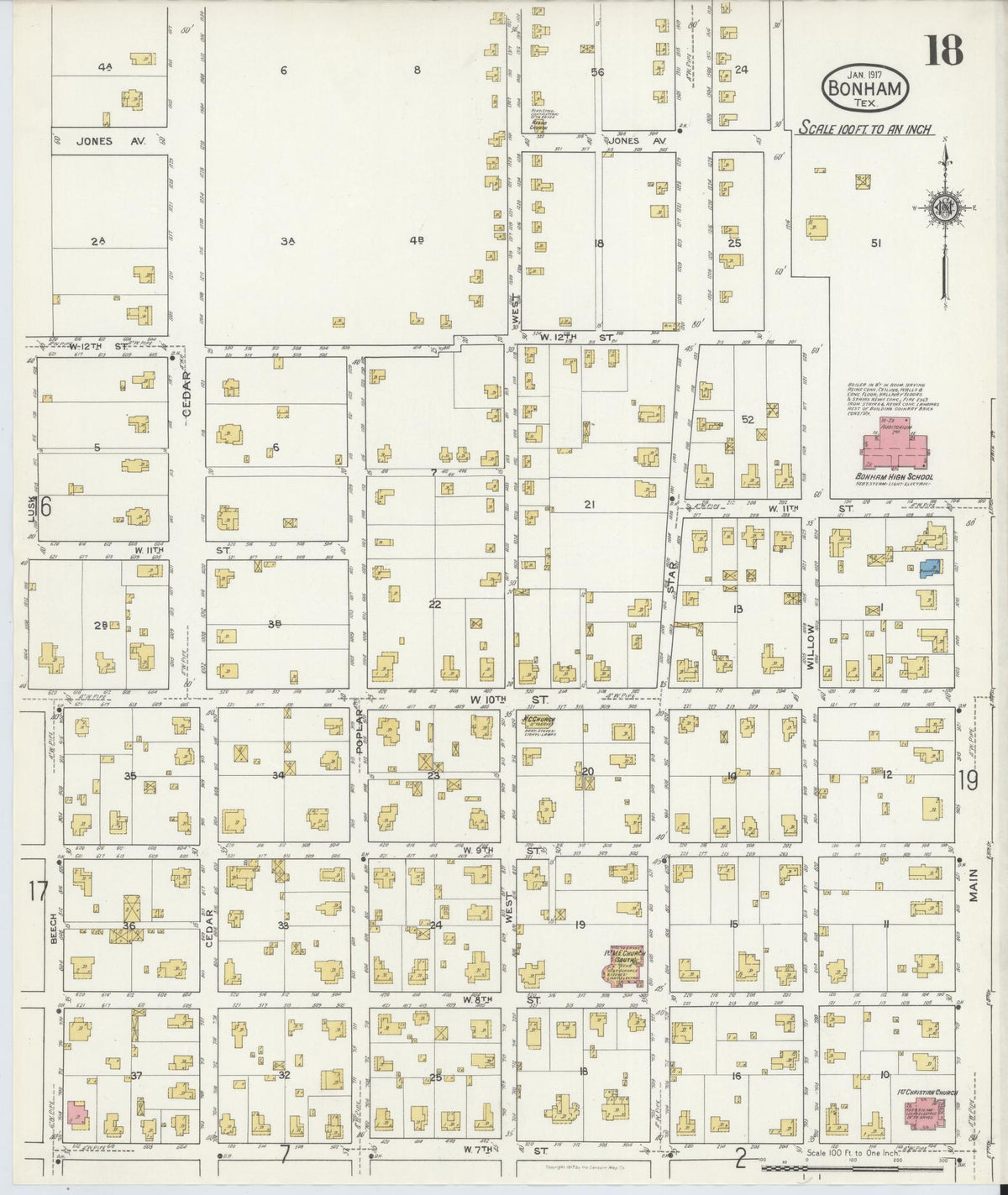 Sanborn Fire Insurance Map from Bonham, Fannin County, Texas (1917), Sheet #0018 - Complete Map Set gallery image, historic Sanborn map, vintage wall art, Texas Texas