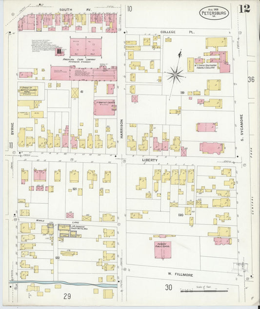 Sanborn Fire Insurance Map from Petersburg, Independent Cities, Virginia (1908), Sheet #0012 - Historic Sanborn Fire Insurance Map Print, vintage old map wall art, antique decor, genealogy gift, Virginia Virginia map