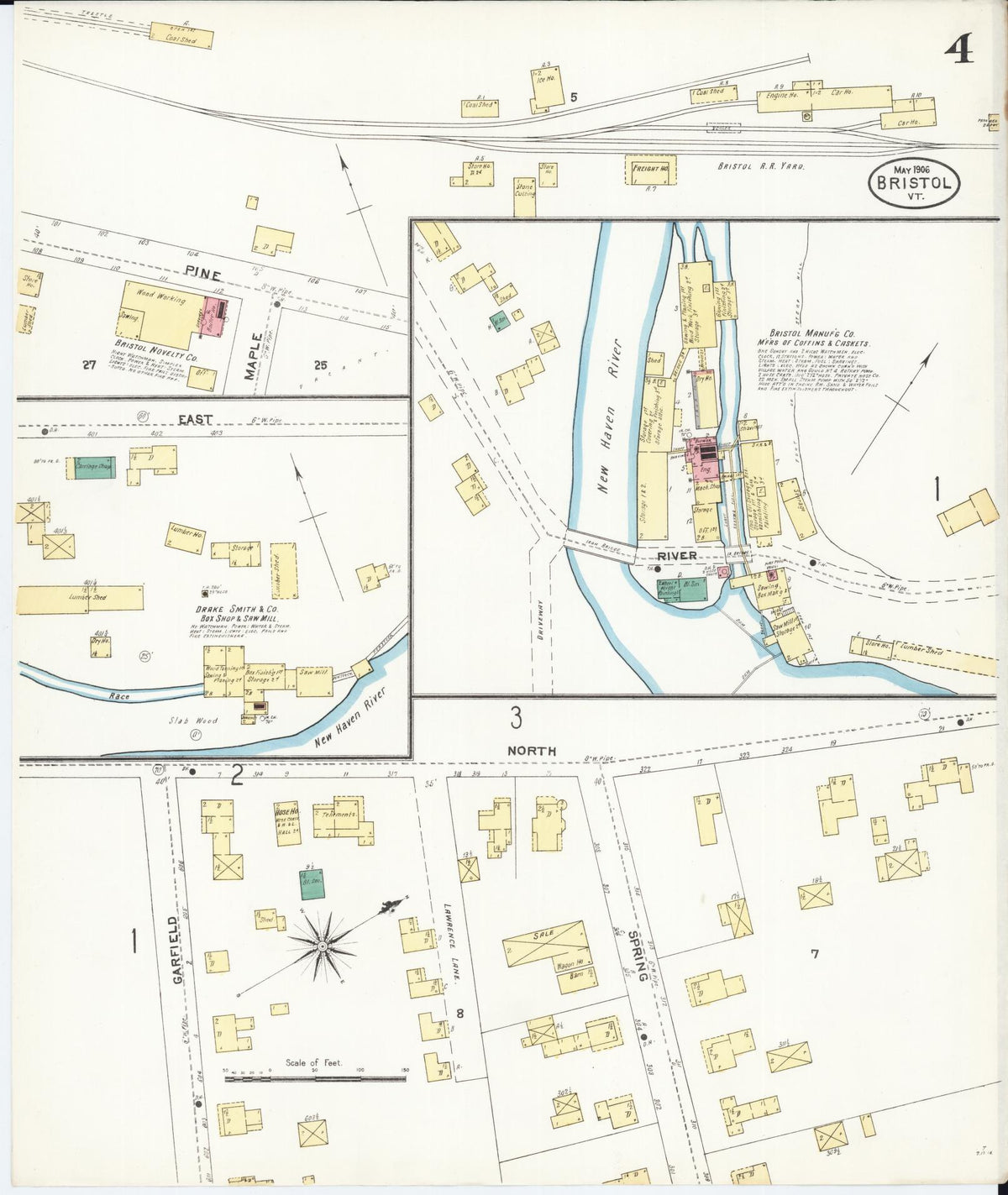 Sanborn Fire Insurance Map from Bristol, Addison County, Vermont (1906), Sheet #0004 - Historic Sanborn Fire Insurance Map Print, vintage old map wall art, antique decor, genealogy gift, Vermont Vermont map