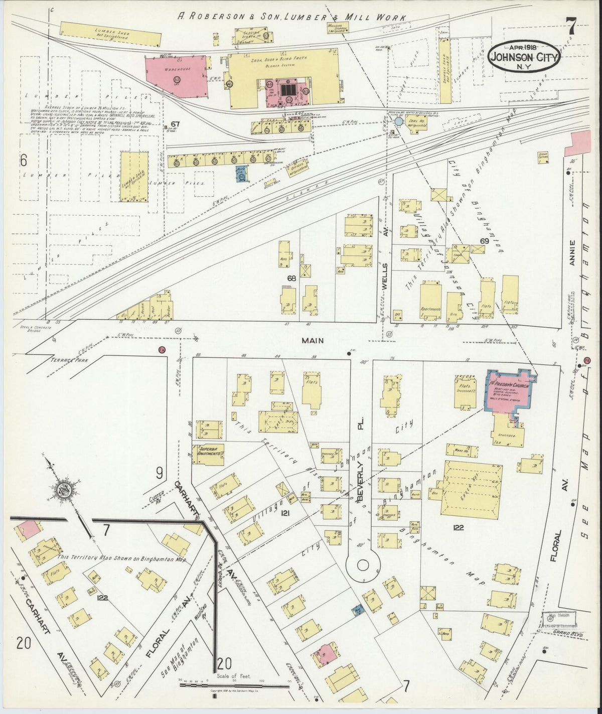 Sanborn Fire Insurance Map from Johnson City, Broome County, New York (1918), Sheet #0007 - Historic Sanborn Fire Insurance Map Print, vintage old map wall art, antique decor, genealogy gift, New York New York map