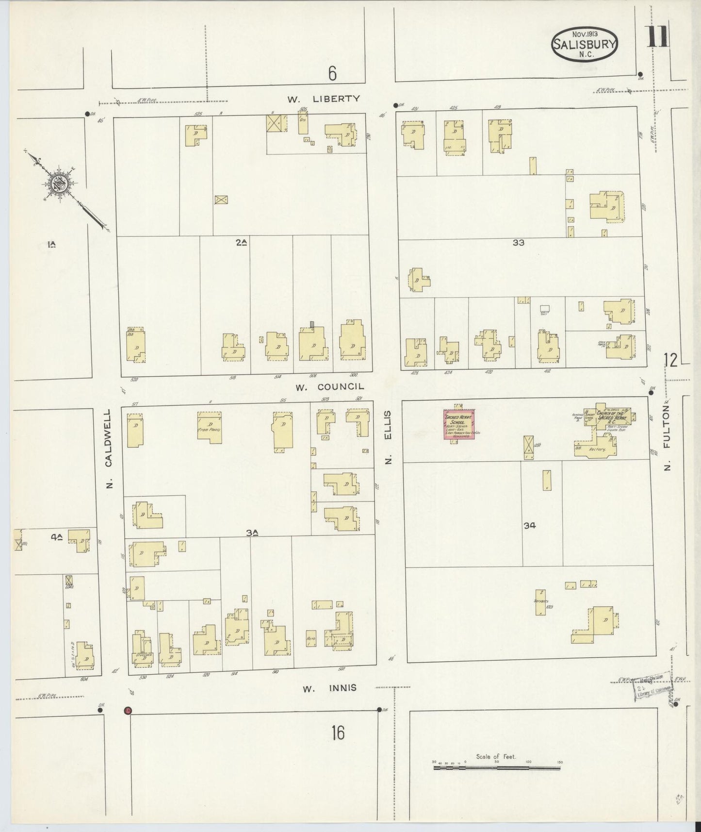 Sanborn Fire Insurance Map from Salisbury, Rowan County, North Carolina (1913), Sheet #0011 - Complete Map Set gallery image, historic Sanborn map, vintage wall art, North Carolina North Carolina