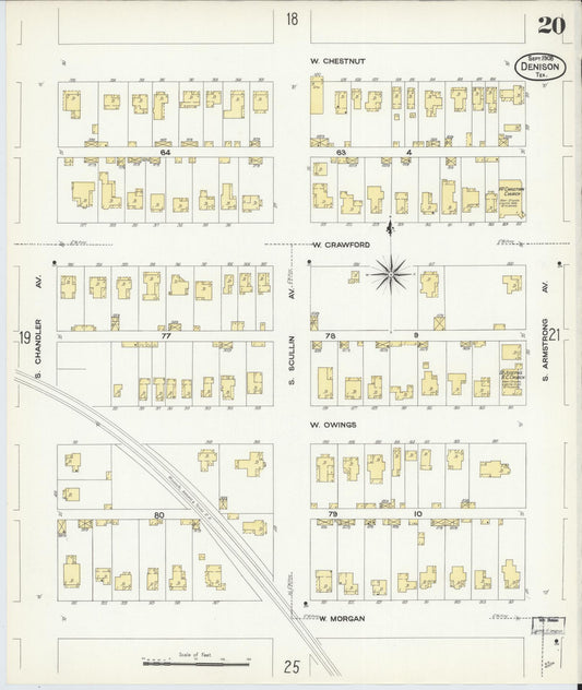 Sanborn Fire Insurance Map from Denison, Grayson County, Texas (1908), Sheet #0020 - Historic Sanborn Fire Insurance Map Print, vintage old map wall art, antique decor, genealogy gift, Texas Texas map