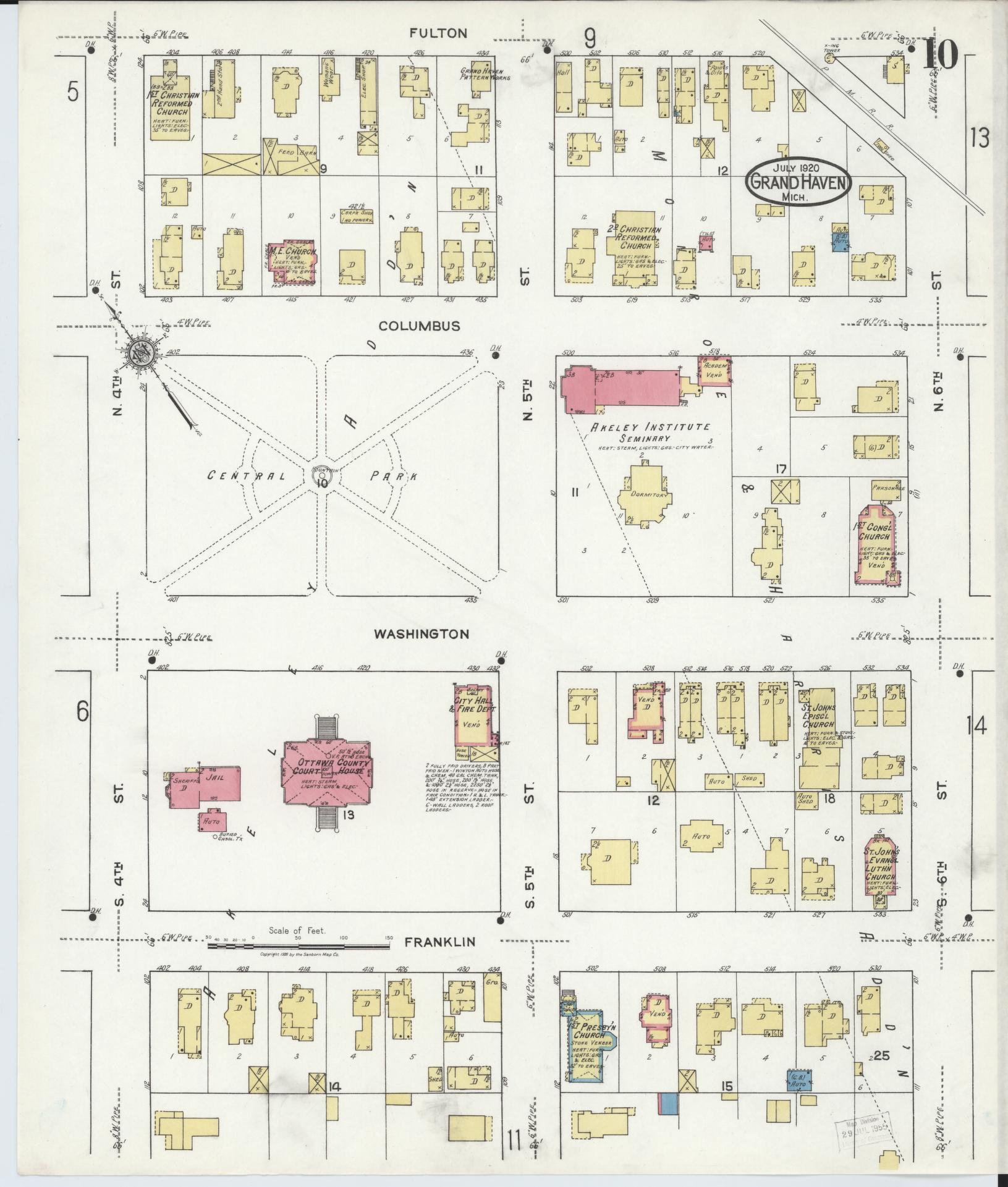 Sanborn Fire Insurance Map from Grand Haven, Ottawa County, Michigan (1920), Sheet #0010 - Historic Sanborn Fire Insurance Map Print, vintage old map wall art, antique decor, genealogy gift, Michigan Michigan map