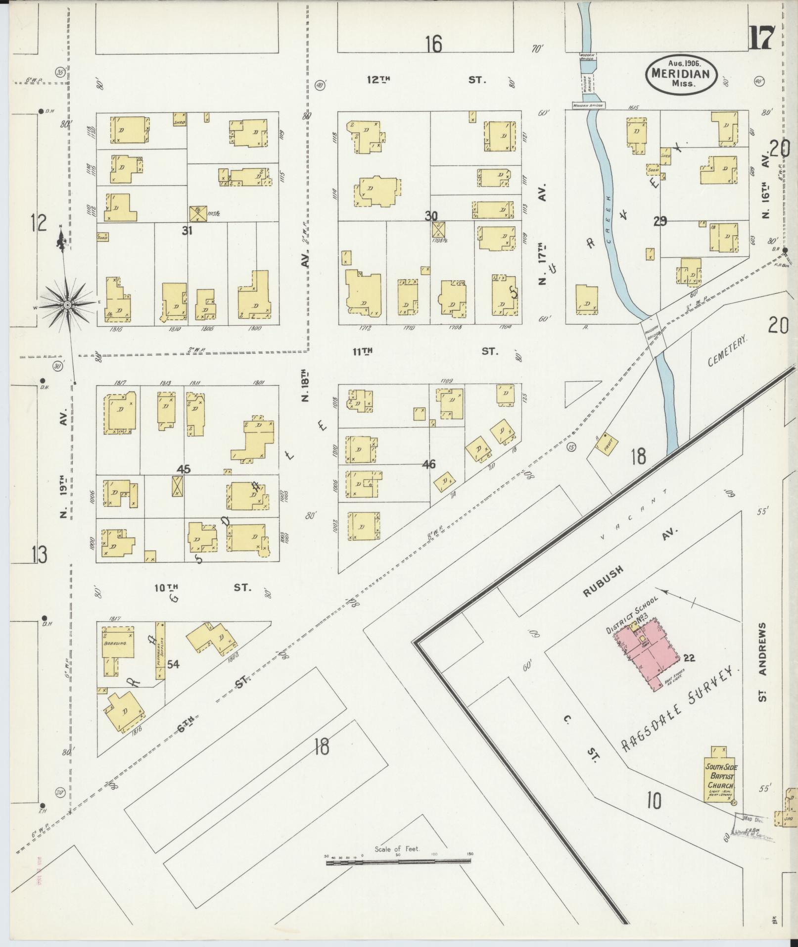 Sanborn Fire Insurance Map from Meridian, Lauderdale County, Mississippi (1906), Sheet #0017 - Complete Map Set gallery image, historic Sanborn map, vintage wall art, Mississippi Mississippi