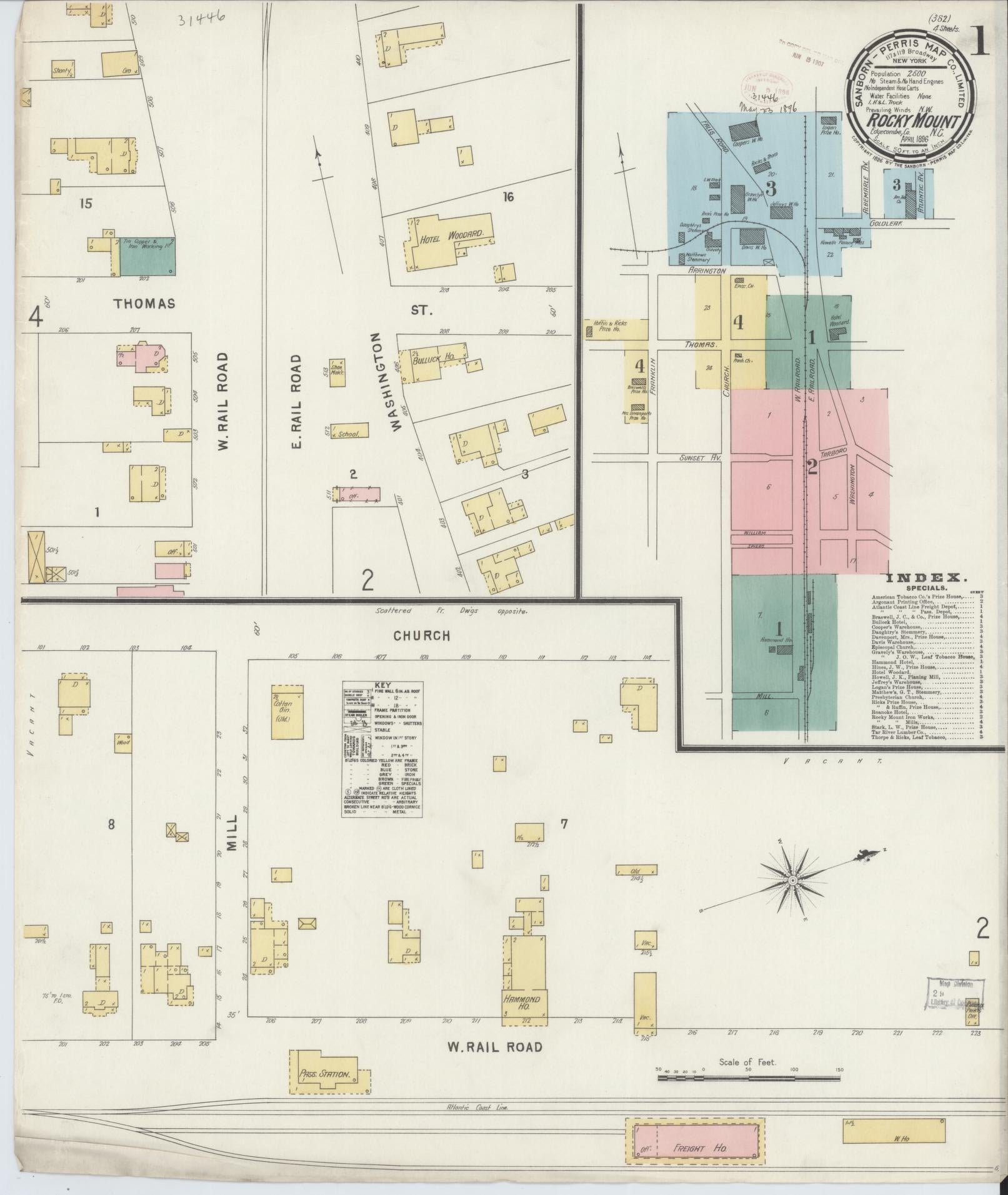 Sanborn Fire Insurance Map from Rocky Mount, Edgecombe And Nash Counties, North Carolina (1896), Sheet #0001 - Historic Sanborn Fire Insurance Map Print, vintage old map wall art, antique decor, genealogy gift, North Carolina North Carolina map