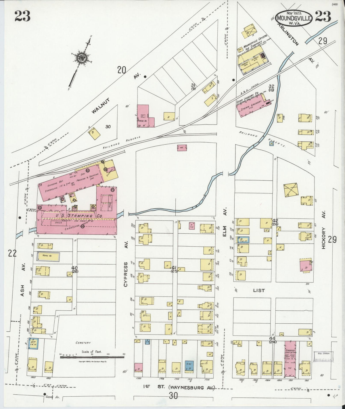 Sanborn Fire Insurance Map from Moundsville, Marshall County, West Virginia (1923), Sheet #0023 - Complete Map Set gallery image, historic Sanborn map, vintage wall art, West Virginia West Virginia